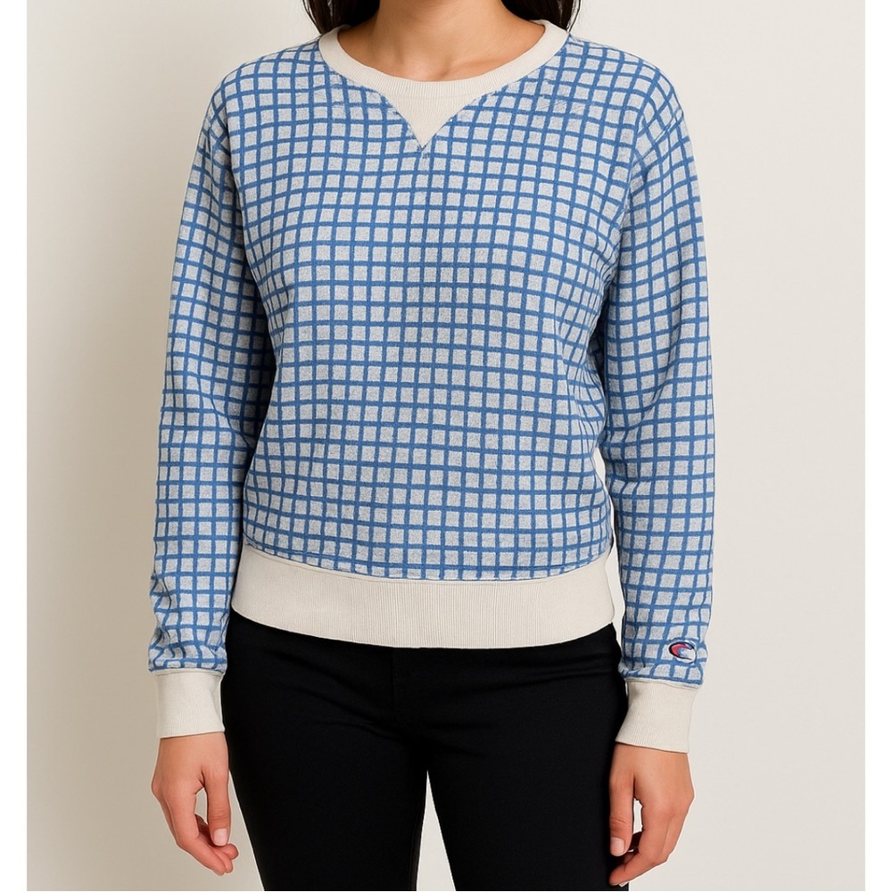 * NWT Champion French Terry Grid Sweatshirt Blue White Crewneck Women’s Medium
